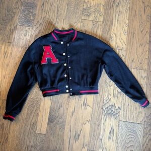 SHEIN Black Varsity Jacket with Red Letter Detail